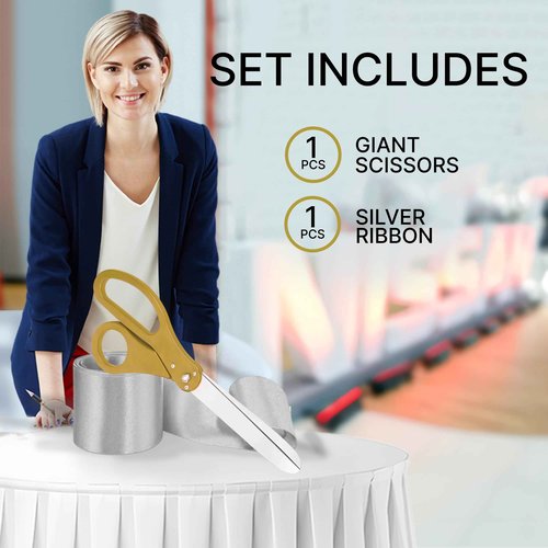 Big Grand Opening Kit - 20 Inch Large Gold Scissors for Grand Opening Ceremonies and Silver Satin Ribbon For Business Inaugurations and Special Events