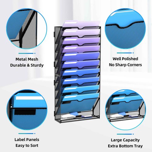 DALTACK 11-Tier Wall File Organizer, Mesh Hanging File Organizer, Mail Organizer Wall Mounted for Papers Folders Clipboard Magazine, Office Organization & Storage, Assembly Needed, Black, 2 Pack