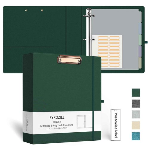 EYROZILL 3 Ring Binder 2 Inch, Binder for Letter Size (11" x 8.5") with 5 Tab Dividers, File Folder Labels and Low Profile Clipboards, Blackish Green