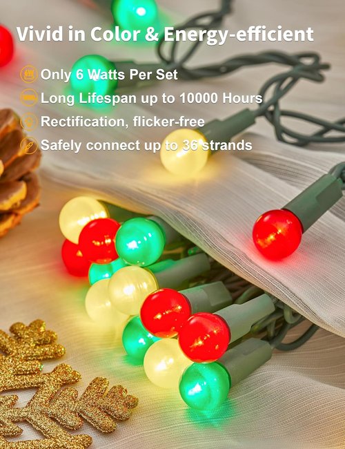 Bohon Christmas Lights - 24FT 70 LED G15 Red, White & Green Globe String Lights | Indoor/Outdoor Decor
