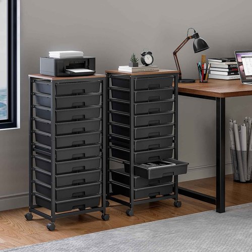 SYKIARIOL Rolling Cart with Drawers,10 Drawer Rolling Cart,Storage Cart,Utility Cart,Teacher Cart for Classroom Storage,Craft Cart with Wheels and Wooden Tabletop,Black