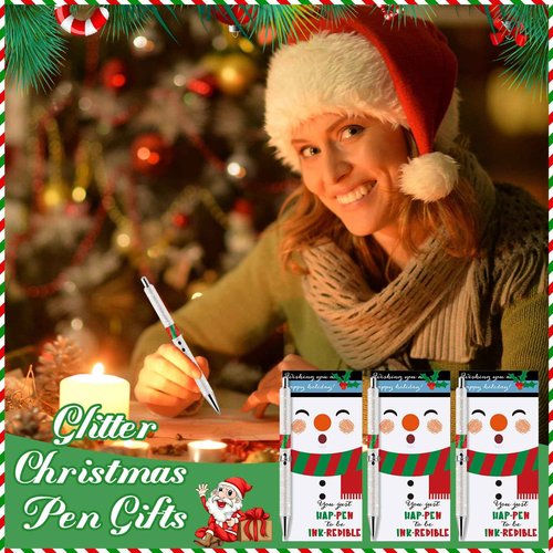 Sayglossy 25 Sets Bulk Glitter Christmas Pens Novelty Santa Claus Writing Pens with Inspirational Cards Welcome to The Team Gift Employee Appreciation Gifts (Snowman)