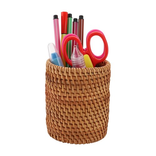 Okllen 2 Pack Rattan Pencil Holder, Handmade Wicker Pen Cup Makeup Brushes Holder, Woven Vine Desk Organizer Pen Container Box for Office & Home Desktop, Kitchen Utensil Cutlery, Cylinder