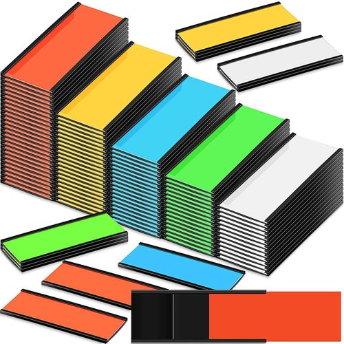 Seajan Magnetic Label Holders Channel Cardholders Magnetic Name Plate Tags Cabinet Labels for Shelving with Clear Plastic Protector 200 Colorful Paper Insert(4 x 1.6'',100 Pcs)