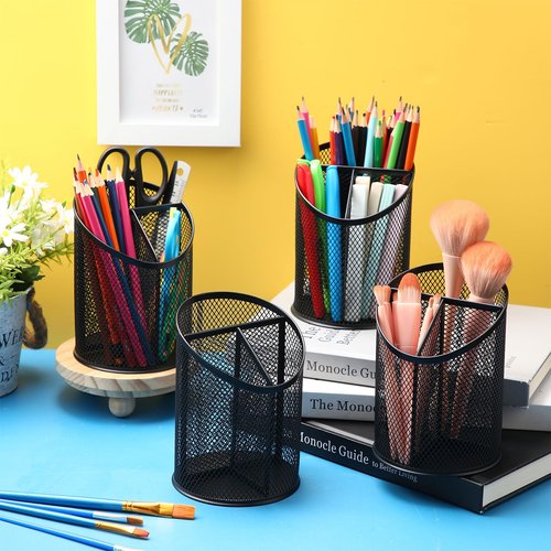 Sherr 4 Pack Mesh Pencil Holder Metal Pen Cup for Desk Round Pen Holder with 3 Compartments Desktop Pencil Organizer for Office Home School Tabletop
