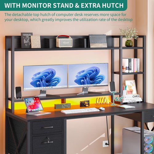 DWVO Computer Desk with Drawers & Hutch, 59.1" Office Desk with Power Outlets & LED Lights, Home Office Desk with Storage Shelves, Black