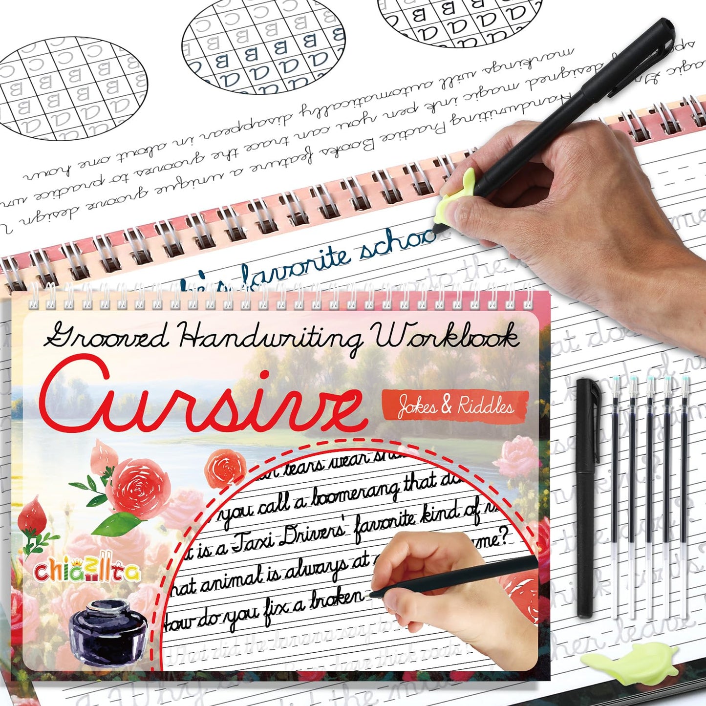 chiazllta Grooved Cursive Handwriting Workbook with Disappearing Ink Pens Magic Reusable Grooved Cursive Writing Practice for Beginners Kids Kickoff Workbook Homeschooling Supplies (Jokes & Riddles)