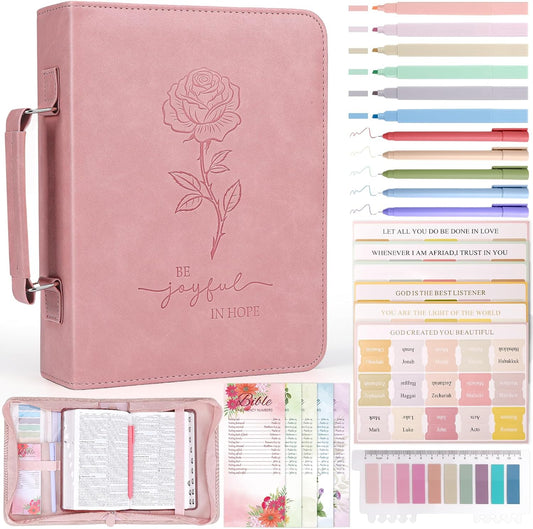 XKDOUS Bible Cover Kit - 24 Pcs Large Church Bag with Study Supplies, Leather Case for Women