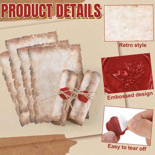 Sinload Vintage Writing Invitations Set Includes 100 Letter Antique Scroll Rustic Papers 100 Wax Seal Stickers 3 Strands of Twine for Valentines Mother Stationery Old Medieval Cardstock(8.5 x 11 Inch)