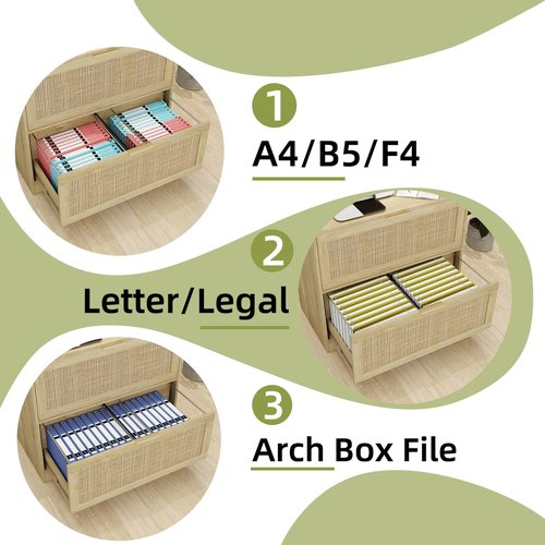 HOPUBUY 2 Drawer File Cabinet with Lock, Printer Stand Lateral Filing Cabinets for Home Office and School, Wood Rattan File Cabinet for Hanging Files/Letter/Legal/A4/F4 Size, Oak
