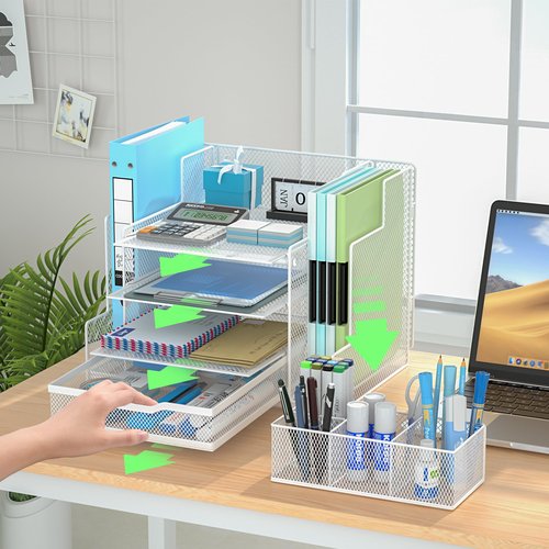 VIVSOL Desk Organizers and Accessories, 4-Tier Office Supplies Desk Organizer with 2-File Organizer with Sliding Drawer, 3 Trays and Large Capacity Pen Holder, Mesh Desk Accessories, White