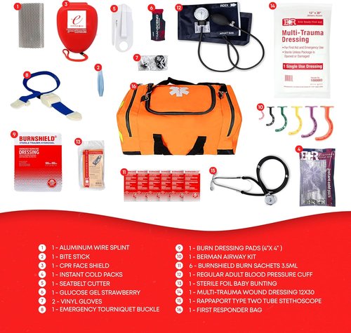 First Responder Trauma First Aid Kit Bag - Fully Stocked Emergency Medical Kit for Home, Vehicle & Workplace - OSHA & ANSI Compliant - Portable Orange