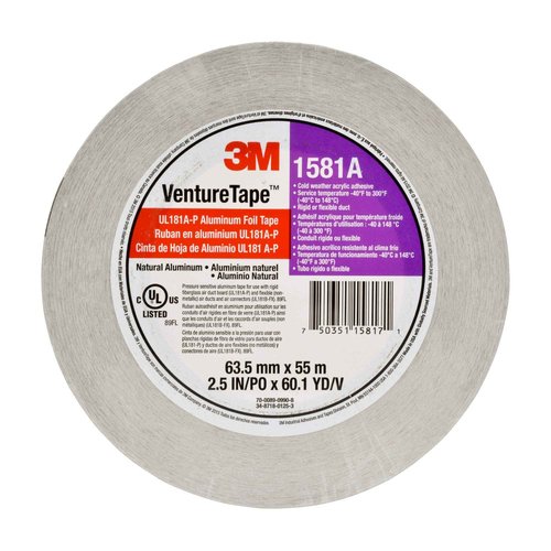 3M Venture Tape UL181A-P Aluminum Foil Tape 1581A, Rigid and Flexible Duct Seaming, Durable, Cold Weather Adhesion, 2.5 in x 60 yd, 2 mil (Pack of 1)