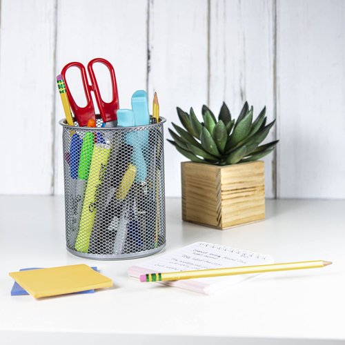 YBM HOME Office Round Desk Steel Mesh Pencil Cup Pen Holder Silver, 2210-2374 (2, 5.5x4.5)