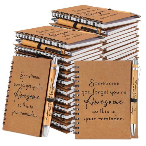 Honoson 50 Sets Spiral Notebooks Sets Employee Thank You Gifts Inspirational Journals with Retractable Bamboo Pens Bulk Encouragement Notepad for School Teacher, Awesome Sign