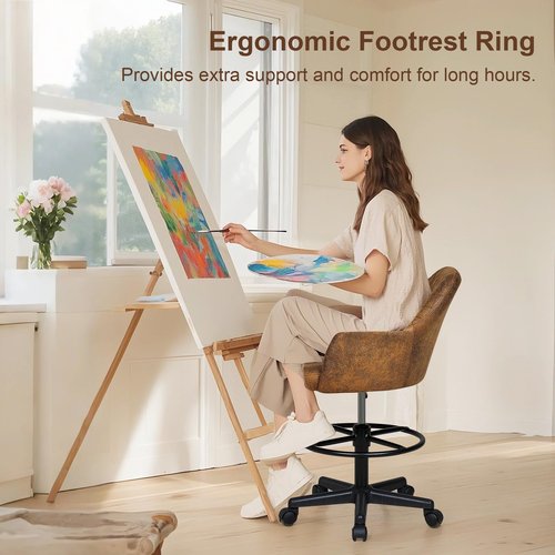 VECELO PU Leather Drafting Chair with Low Back and Footrest Ring, Height Adjustable, Swivel Rolling Wheels, for Drawing/Standing Desk/Office, Brown