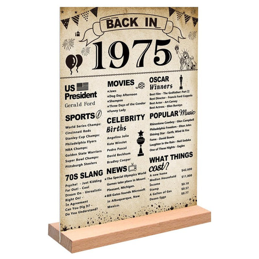 DARUNAXY 51st Birthday Party Decorations, Vintage Back in 1975 Poster Acrylic Sign with Stand 51 Year Old Party Supplies for Men& Women Vintage 1975 Table Decor 51st Anniversary Class Reunion Gifts