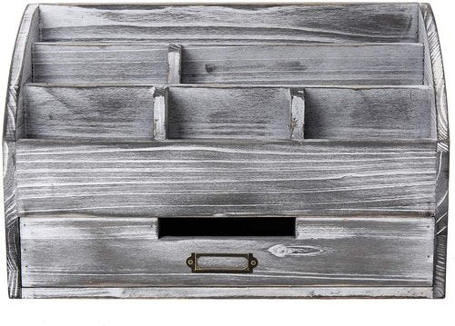 VERGOODR Rustic Wooden Office Desk Organizer 5 Compartment with 2 Drawer &Counter Home Tabletop Desktop Jewelry Mail Rack Storage Box for Pens Notebooks Folders Pencils (Grey white)