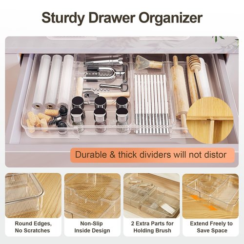 LOFTIFY Expandable Drawer Organizer-Adjustable Shallow Tray, 11" to 19" Width,1.97" Height, Clear Plastic Storage for Bedroom, Living Room, Kitchen/Bathroom/Office/Cosmetic/Tools/Cutlery/Stationery