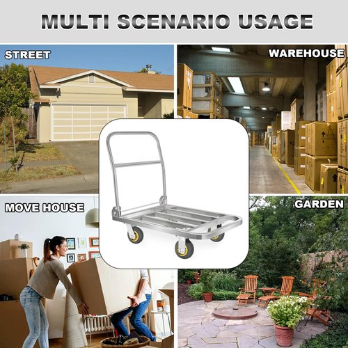 Uholan Fold Platform Truck 660lbs Stainless Steel Square Tube Cart 35.43in x 23.62in Flat Dolly 6in Elastic Rubber Wheel Used for Warehouse Transport Groceries Heavy-Duty Utility Hand Truck