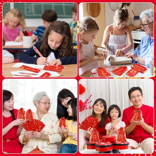 Moinchore 200 Pcs Chinese Lunar New Year Gift Set Includes Notebooks Bookmarks Ballpoint Pens Red Organza Bags Suitable for 2025 New Year Gifts School Office