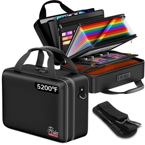 JHSafer 5200℉ Fireproof Document Box with lock, Hard-Shell Case File Organizer with 24 Pocket Accordion File Folder, Portable Safe Box with Shoulder Strap for Home Important Documents Laptop Black