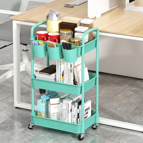 MOYIPIN 3-Tier Rolling Utility Cart - Versatile Storage Organizer for Office, Kitchen & Living Room - Turquoise with 3 Hanging Cups