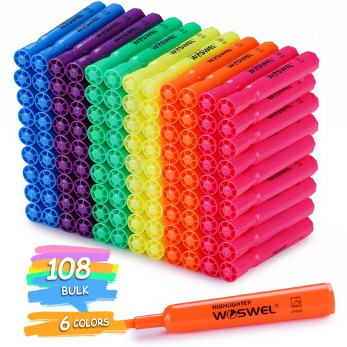 WOSWEL Highlighters Bulk, 108 Pack Tank Style Highlighters Assorted Fluorescent Colors Set, 6 Bright Colors Chisel Tip Highlighter Markers for Kid and Adult Coloring, Highlighting as School Supplies