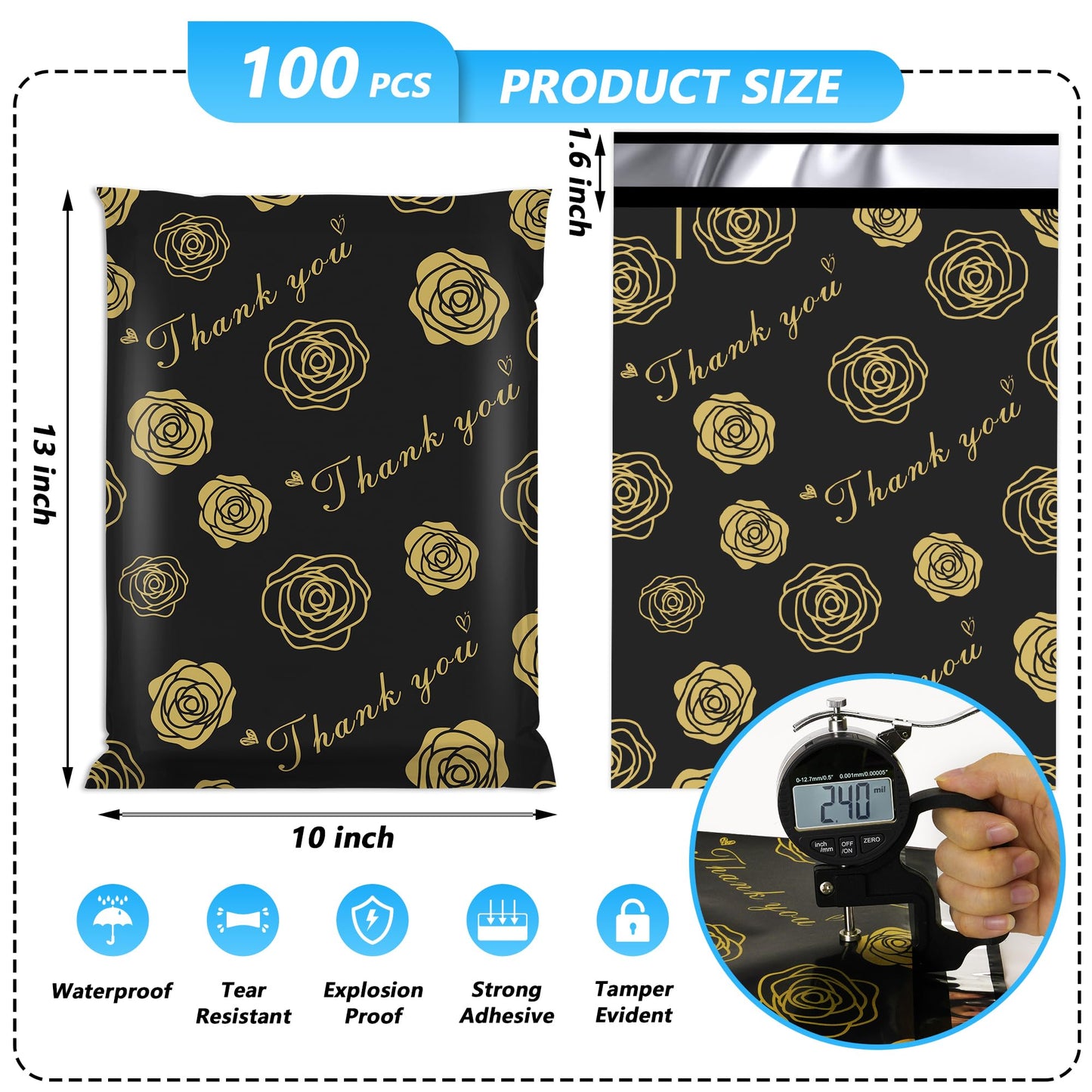 Jowlroel Thank You Poly Mailer 10x13 Inch 100 Pcs, Waterproof and Tear-Resistant Shipping Bags for Clothing, Strong Mailing Bags with Self-Seal, Gold Rose Printed Packaging Bags for Small Business