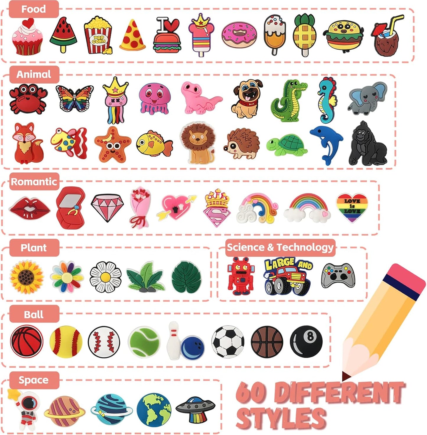 Zddaoole Cute Pencil Toppers - 60 Pcs Assorted Designs for School Prizes & Classroom Rewards