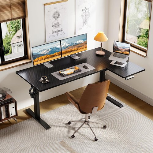 OffiGo Electric L-Shaped Standing Desk - 55-Inch Height Adjustable Corner Workstation | Carbon Fiber Black