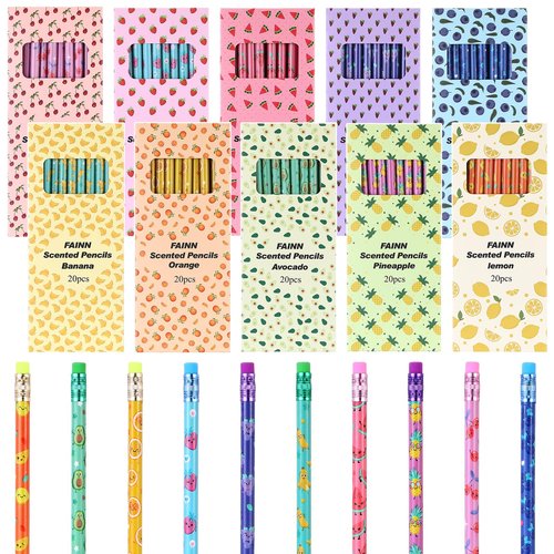 Fainne 200 Pcs Scented Pencils Smelly Wood HB Pencils bulk with Colorful Eraser and Case Fun Fruit Elements Back to School Supplies for School Office Classroom Teachers Party Reward Supplies
