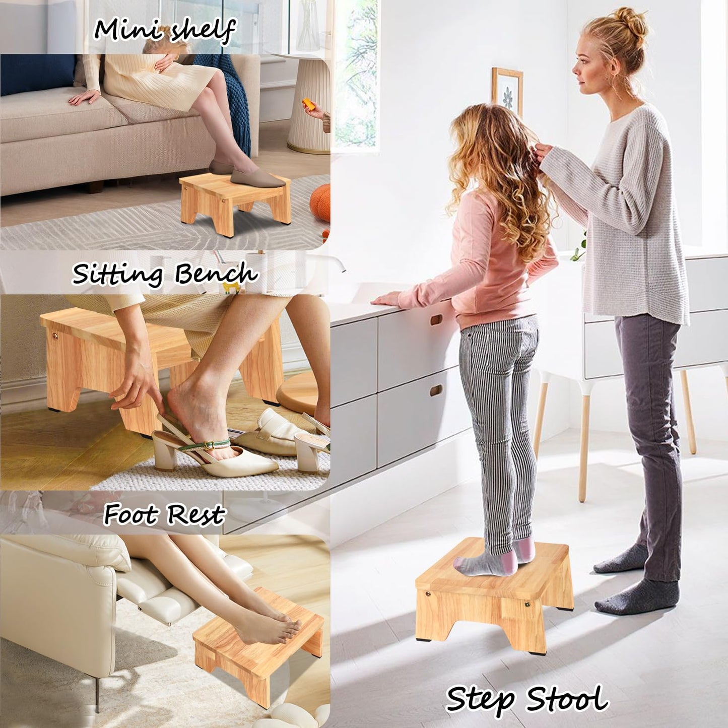 Wooden Step Stool, 6.5 inch One Step Stool for Adults, 550 LBS Capacity Wooden Beside Stepping Stool, Heavy Duty Sturdy Step Stool, Nonslip Safe Step Stool for Bed, Bedroom, Kitchen, Office, Wood