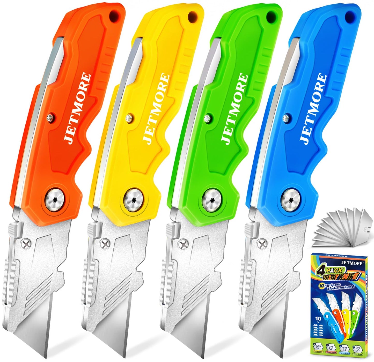 JETMORE Utility Knife, 4 Pcs Colorful Box Cutter with 10 SK5 Blades, Paper Craft Tools, Navajas Para Trabajo, Paper Cutter, Folding Utility Knife with Clip, Razor Knife for Cardboard, Box Opener