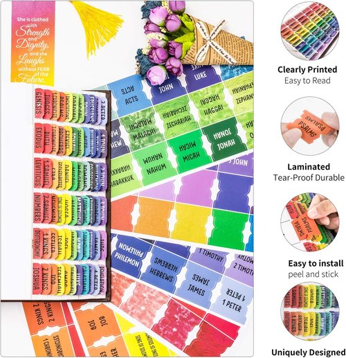 Rainbow Bible Tabs - Large Print Index Tabs for Women & Girls | 90 Total Tabs for Old & New Testament
