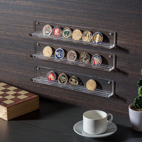 MyGift Wall Mounted Premium Clear Acrylic Challenge Coin Holder, Casino Chip Collectors Display Rack, Single Row Military Coins Collection Shelf, Set of 3
