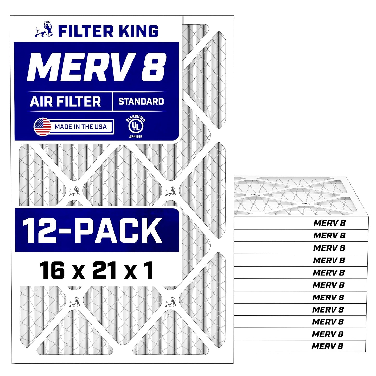 Filter King 16x21x1 Air Filter (MERV 8) (12-Pack) Dust & Allergy Control AC Furnace Filters, MADE IN USA, HVAC, Pleated, Electrostatic (Actual Size: 15.5 x 20.5 x .75)