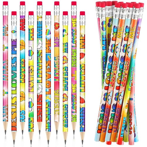 Frienda 200 Pcs Bulk Jesus Loves Me Pencils for Kids Assorted Religious Christian Pencils with Eraser Sunday School Church Gifts Butterfly Rainbow Dove Heart Fish Pen for Easter Party School Favor