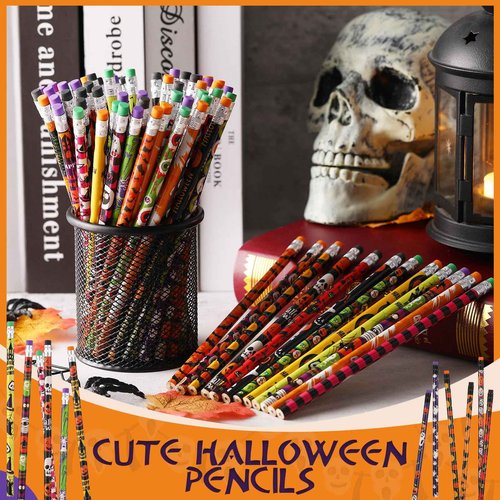 Crtiin 840 Pieces Halloween Pencils with Eraser Colorful Pencils Halloween Themed Pencil Novelty Ghost Pumpkin Skeleton Bat Spider Wood Pencils with Eraser Tops for Halloween Party Supplies