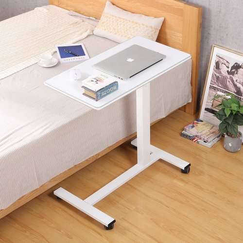 TigerDad Pneumatic Adjustable Overbed Table with Gas Spring Riser | Medical Adjustable Bed Side Table with Wheels | Portable Standing Desk for Laptop Computer with Large Work Space 30.7"x 17"
