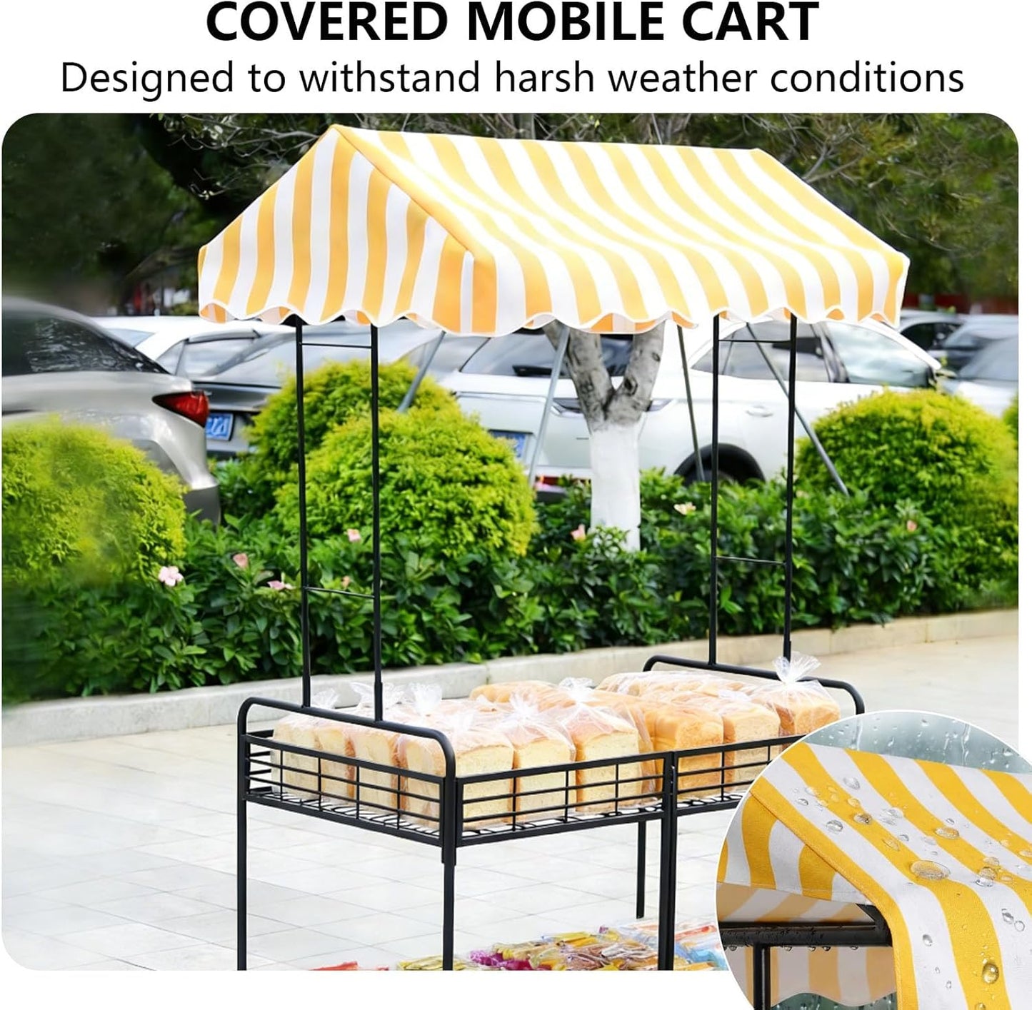 Skiennix Folding Vendor Stall Cart - 2-Tier Mobile Food Display Stand with Canopy | Lockable Wheels, Pink & White, 35.4in