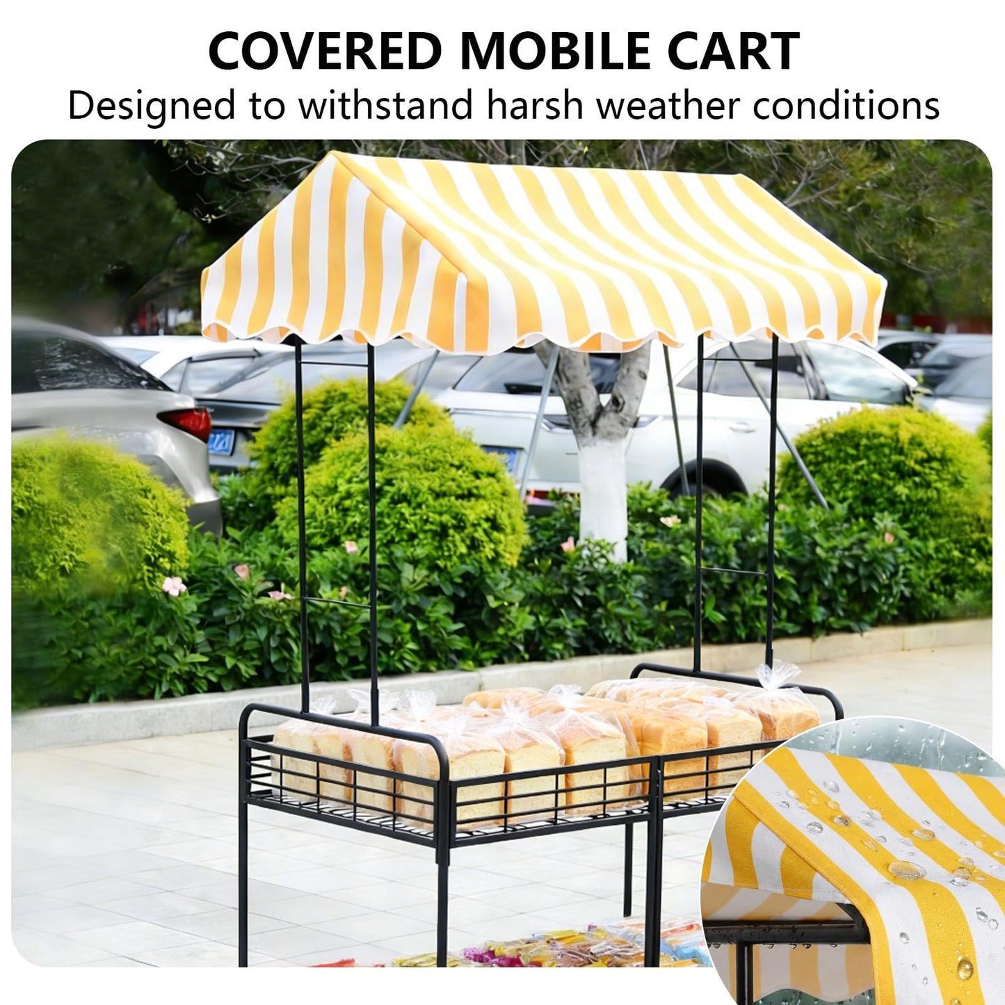 Folding Vendor Stall Cart with Canopy 2-Tier Mobile Food Display Stand On Lockable Wheels Flexible Storage Thickened Square Tube Suitable for Farmers Markets and Street Stalls Pink + White 43.3in