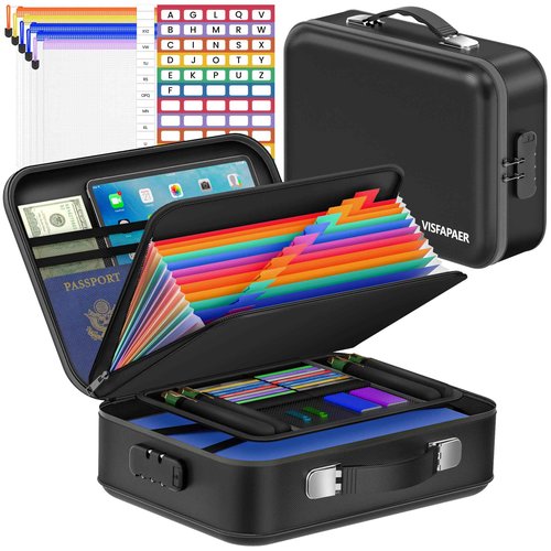 VISFAPAER Fireproof Document Box with Lock, Waterproof Hard Shell File Organizer with 13 Pocket Accordion Folder for Important Documents, Laptop, Passports, Portable Home Office Travel Safe Box