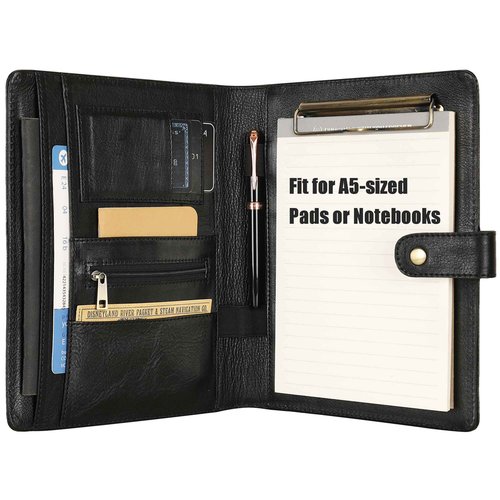Small Portfolio Binder with Clipboard - A5 Binder Padfolio for Men Mini 5x8 Portfolio Folder with Legal Pad Holder for Business Meetings - Oil Black