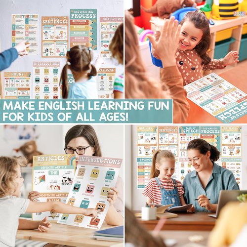 15 Pcs Boho Groovy Parts Of Speech Posters For Classroom, Back To School English Grammar Chart, ELA Middle School Wall Art, Laminated Educational - Nouns, Pronouns, Writing Process, Type of Sentences