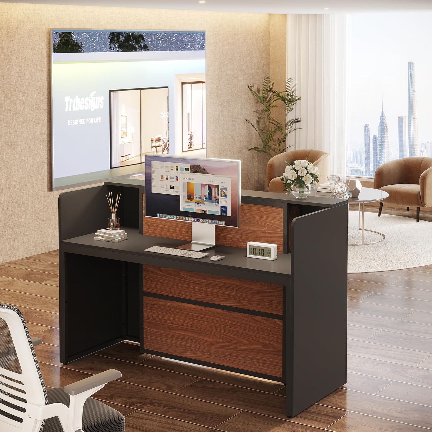 Tribesigns Modern Reception Desk with LED Lights, 63 Inches Front Counter Table for Reception Room (Black&Brown)