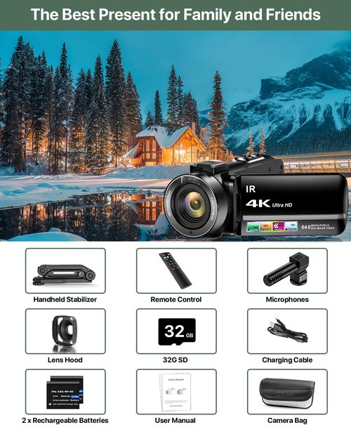 4K Video Camera Camcorder 64MP Vlogging Camera for YouTube 18X Digital Zoom 3.0" IPS Screen IR Night Vision with External Stereo Microphone,Handheld Stabilizer,Remote,Lens Hood,32G Card &2 Batteries