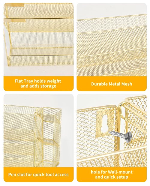 Spacrea Wall Hanging File Organizer, Gold Desk Organizers and Accessories, 5-Tier Mesh Wall Mail Organizer, Paper Document Magazine Rack with 3 Pen Holder for Office Home School