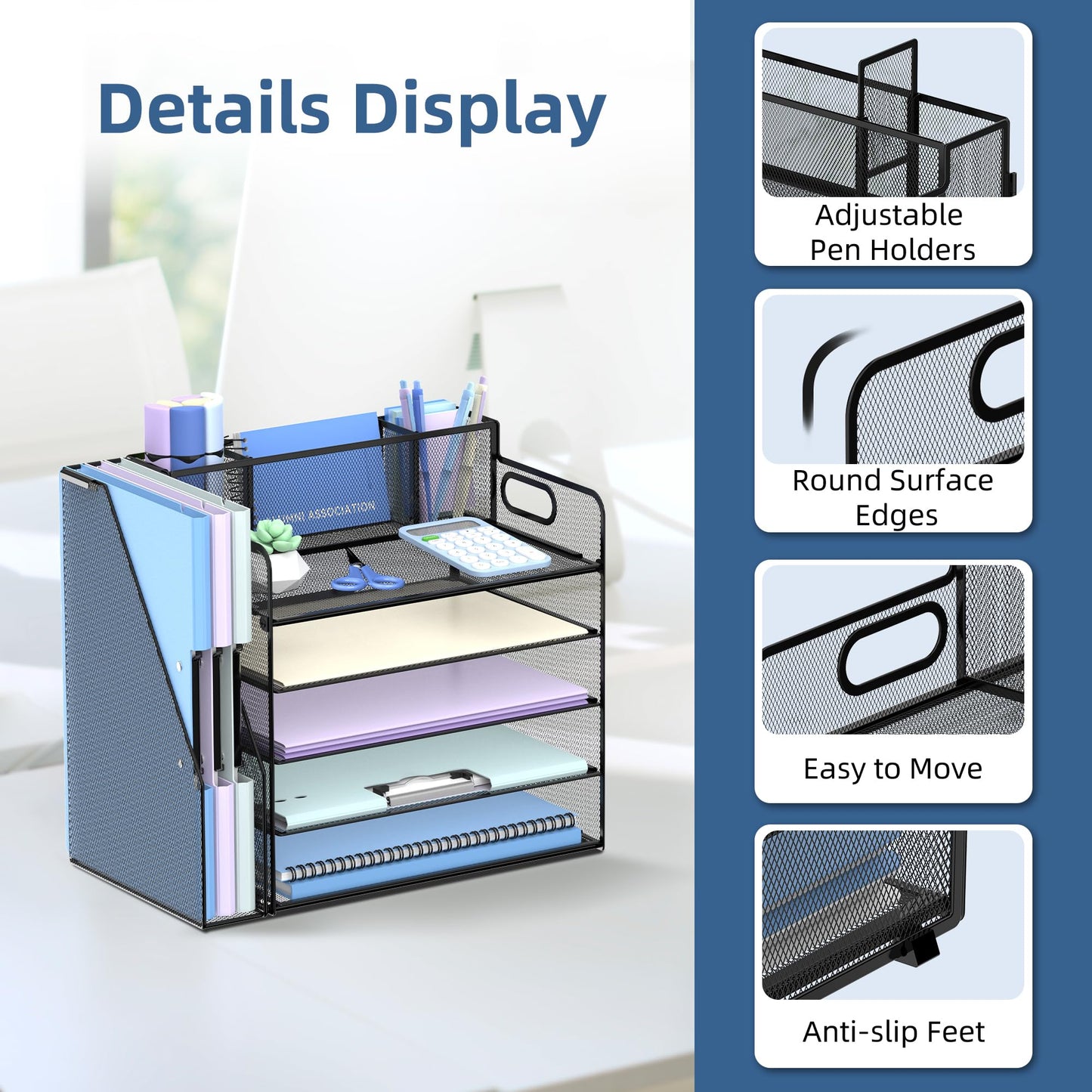 SUPEASY 5-Tier Paper Organizer for Desk with 3 Pen Holder and Magazine Holder, Paper Letter Tray Desk Organizer for Home, Office, School, Black