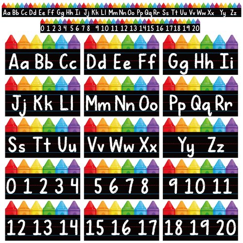 15 PCS Alphabet Bulletin Board Strips Set Alphabet Crayon Bulletin Board Posters ABC Number Line Wall Decor Die-Cut 26 Letter and 0-20 Number Border for Kindergarten Classroom Playroom Bedroom Decor